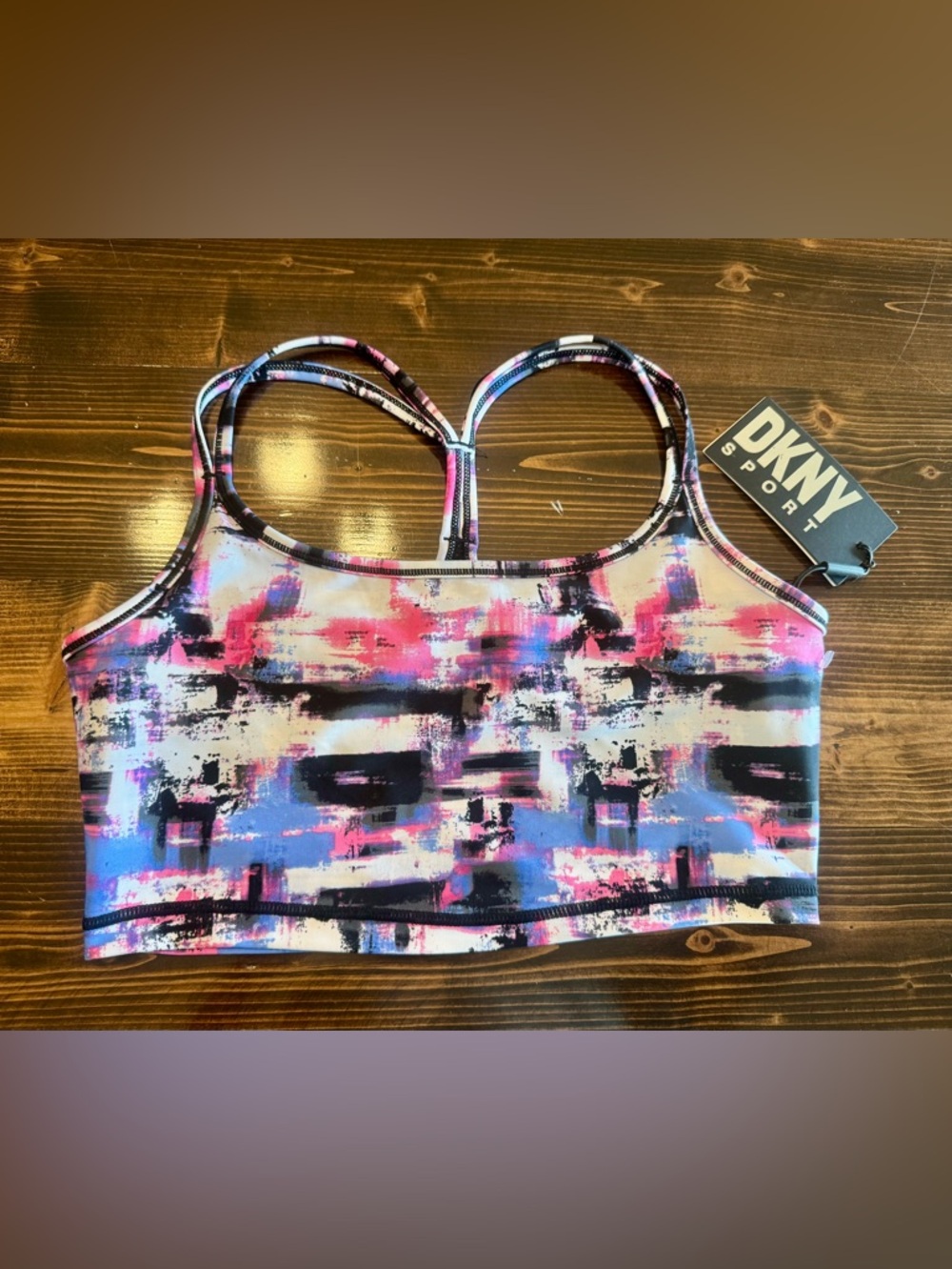 DKNY Abstract Pink, Purple & Black Strappy Sports Bra NWT Size M